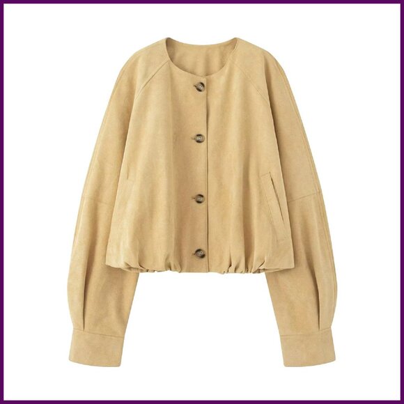 Faux Suede Bomber Jacket Oversized Cropped Casual Outerwear
